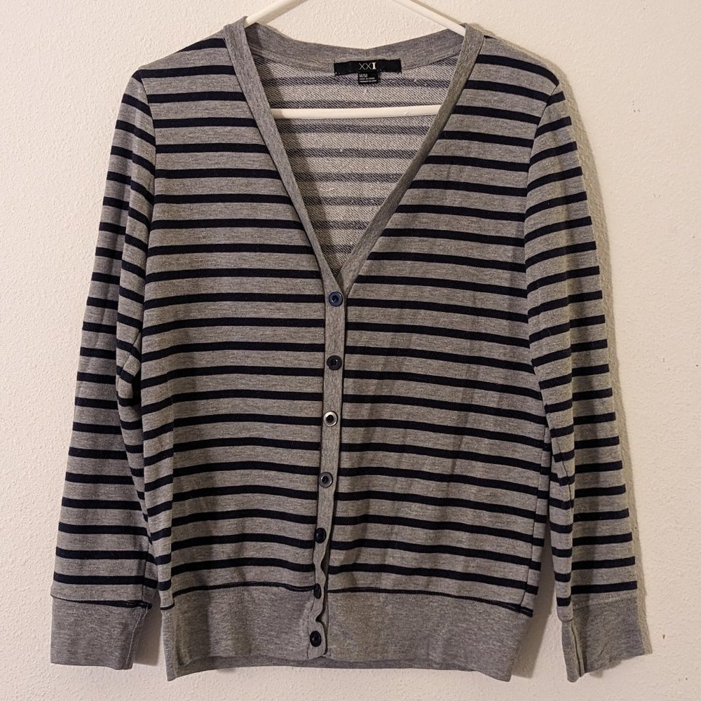 Forever 21 Blue Striped Gray Cardigan, Medium, Long Sleeve Sweater, Button Up